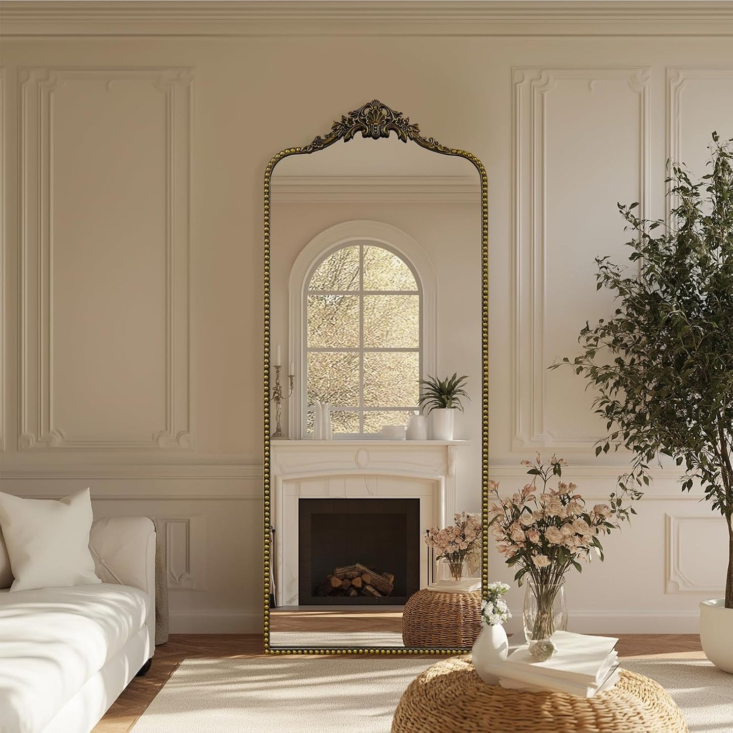 G-LEAF Vintage Baroque Full Length Floor Mirror 75"X30", Victorian Antique Mirror with Brush Black Ornate Metal Frame for Fireplace Entryway Living Room Hallway Bathroom