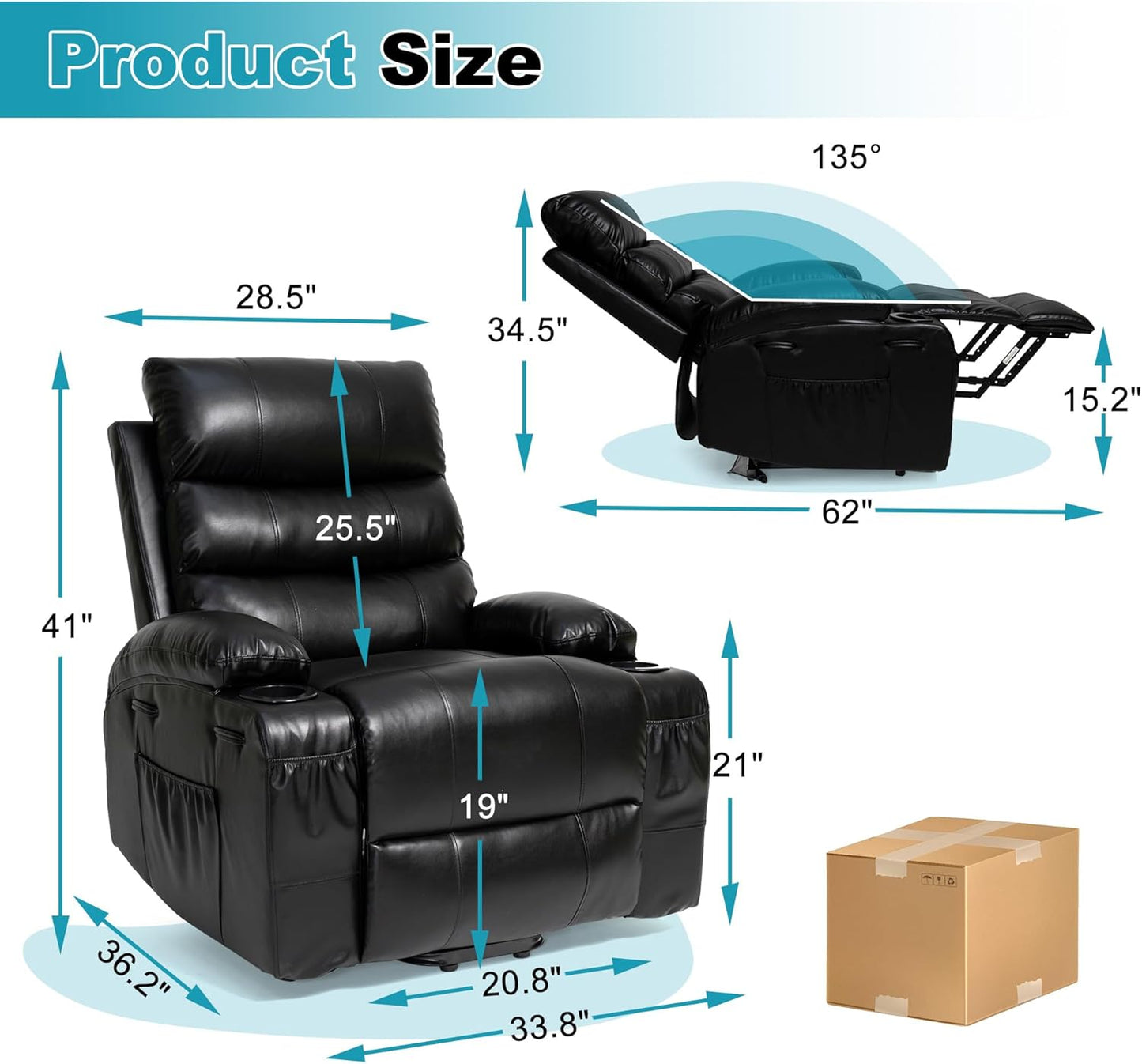 Recliner Chair Power Lift Massage Chair Full Body 21" Large Size Electric Recliner with 8 Point Vibration Massage and Lumber Heat, Remote Control, Side Pockets and Cup Holders, Black