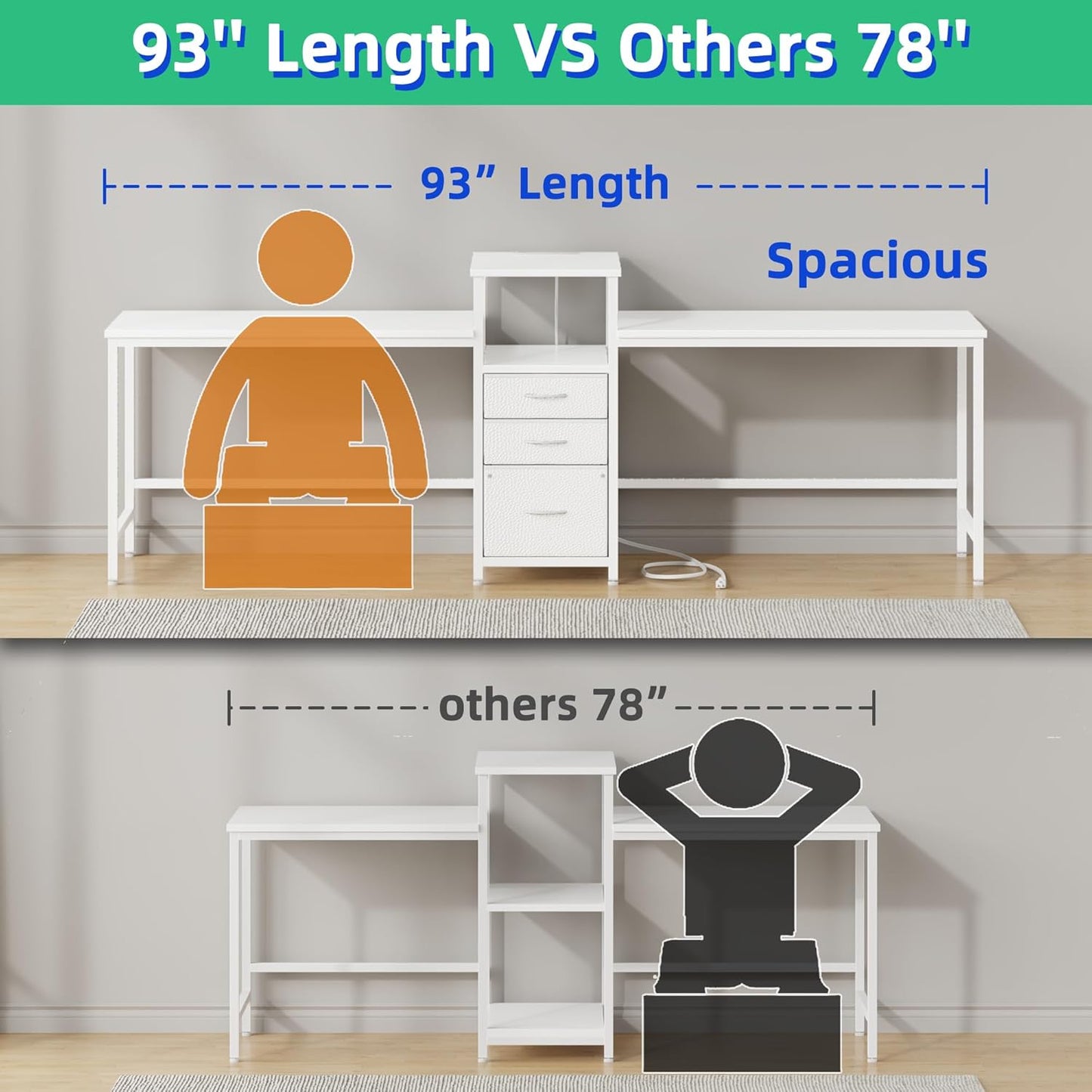 93'' Two Person Desk with Charging Station, Long Desk with 3 Drawers and Printer Shelf, Double Computer Desk, Fabric Drawers, 2 Person Writing Study Table Workstation for Home Office, White