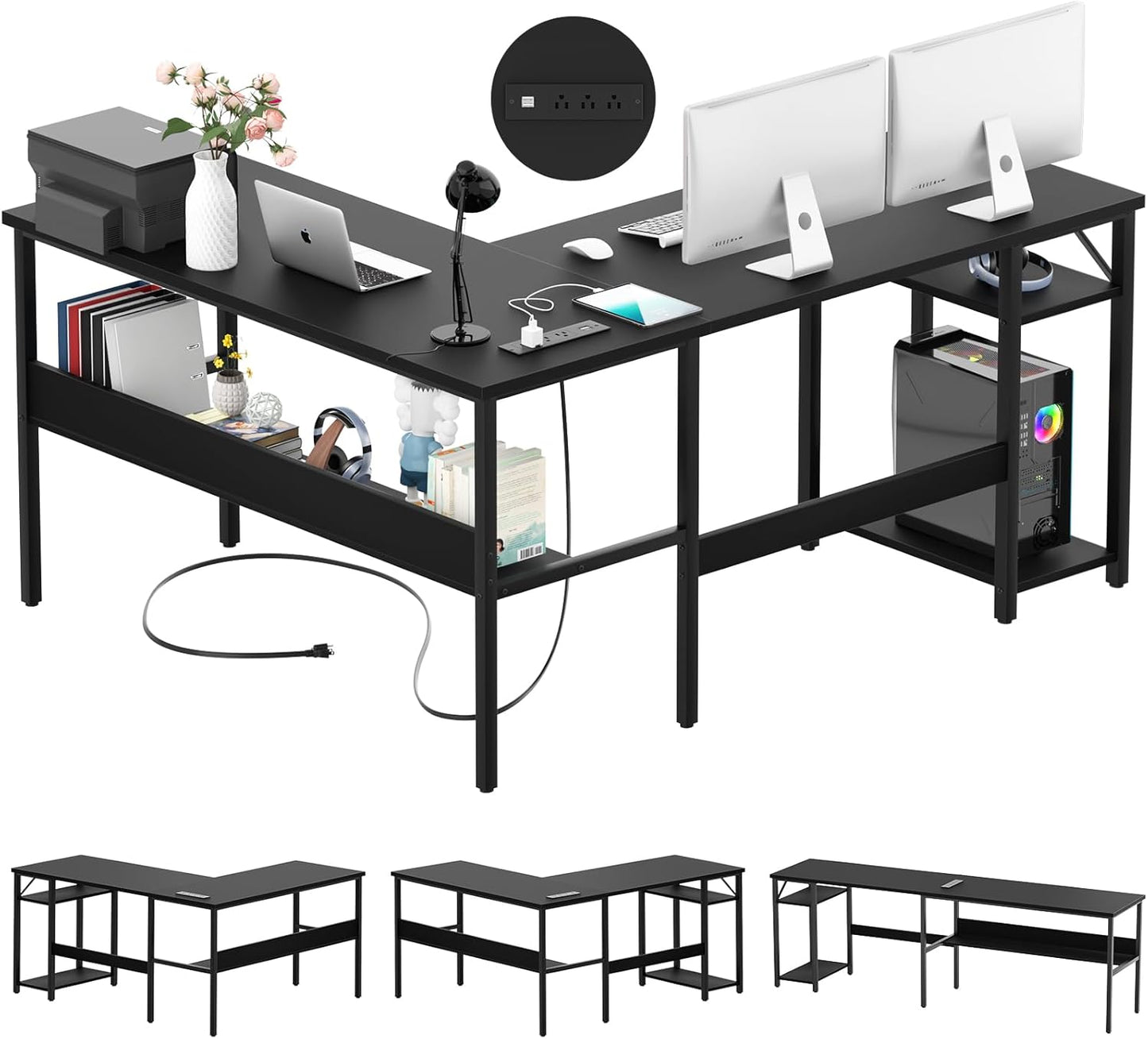 Reversible L Shaped Computer Desk with Magic Power Outlet, Sturdy Office Corner Desk, L Shape Gaming Table with Storage Shelf, Black