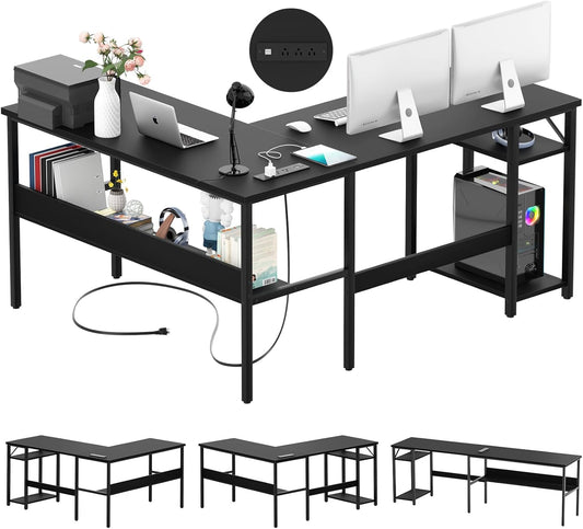 Reversible L Shaped Computer Desk with Magic Power Outlet, Sturdy Office Corner Desk, L Shape Gaming Table with Storage Shelf, Black