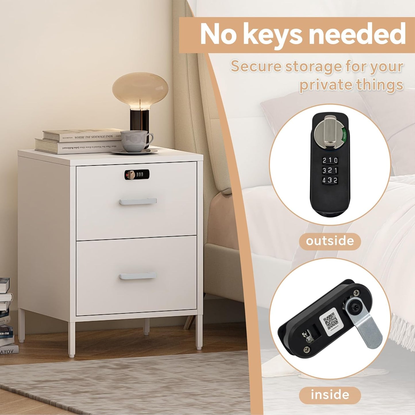 Nightstand,2 Drawer Metal Locker End Table Lockable Bedside Table Storage Cabinet for Bedroom, Dorm, 21.26”H X 15.75”W X 15.75”D (2 Drawer, White)