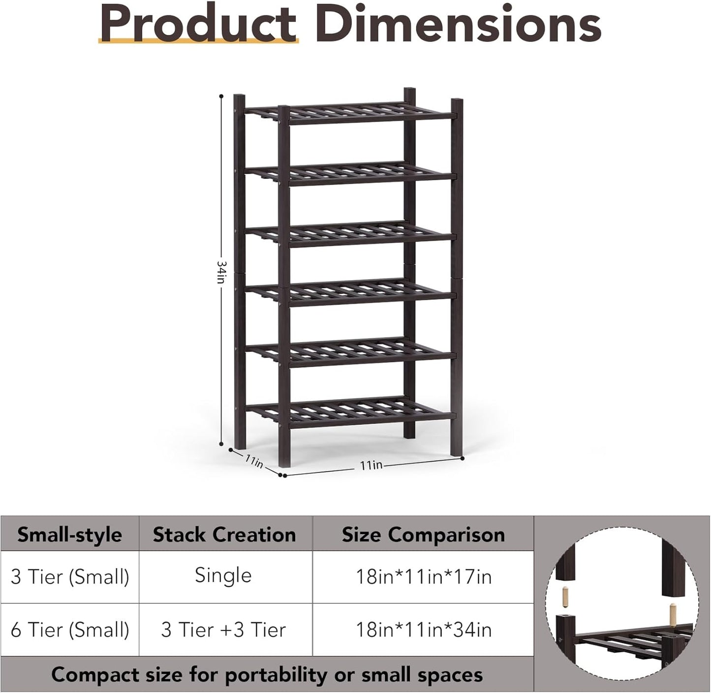 Haddockway small 6 Tier Bamboo Shoe Rack Storage Organizer, Multifunctional Free Standing Stackable Shoe Shelf with Grid Panel for Closet,Hallway,Entryway,Small Space 18"x11"x34"(Brown, 6-Tier(Small))