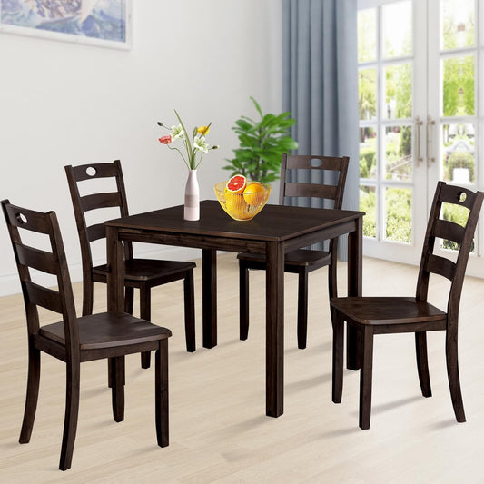 5-Piece Dining Table Set, Solid Rubber Wood Dining Room Table Set for 4, Modern Table and Chair Set for Kitchen Dining Room Restaurant Bar,Espresso