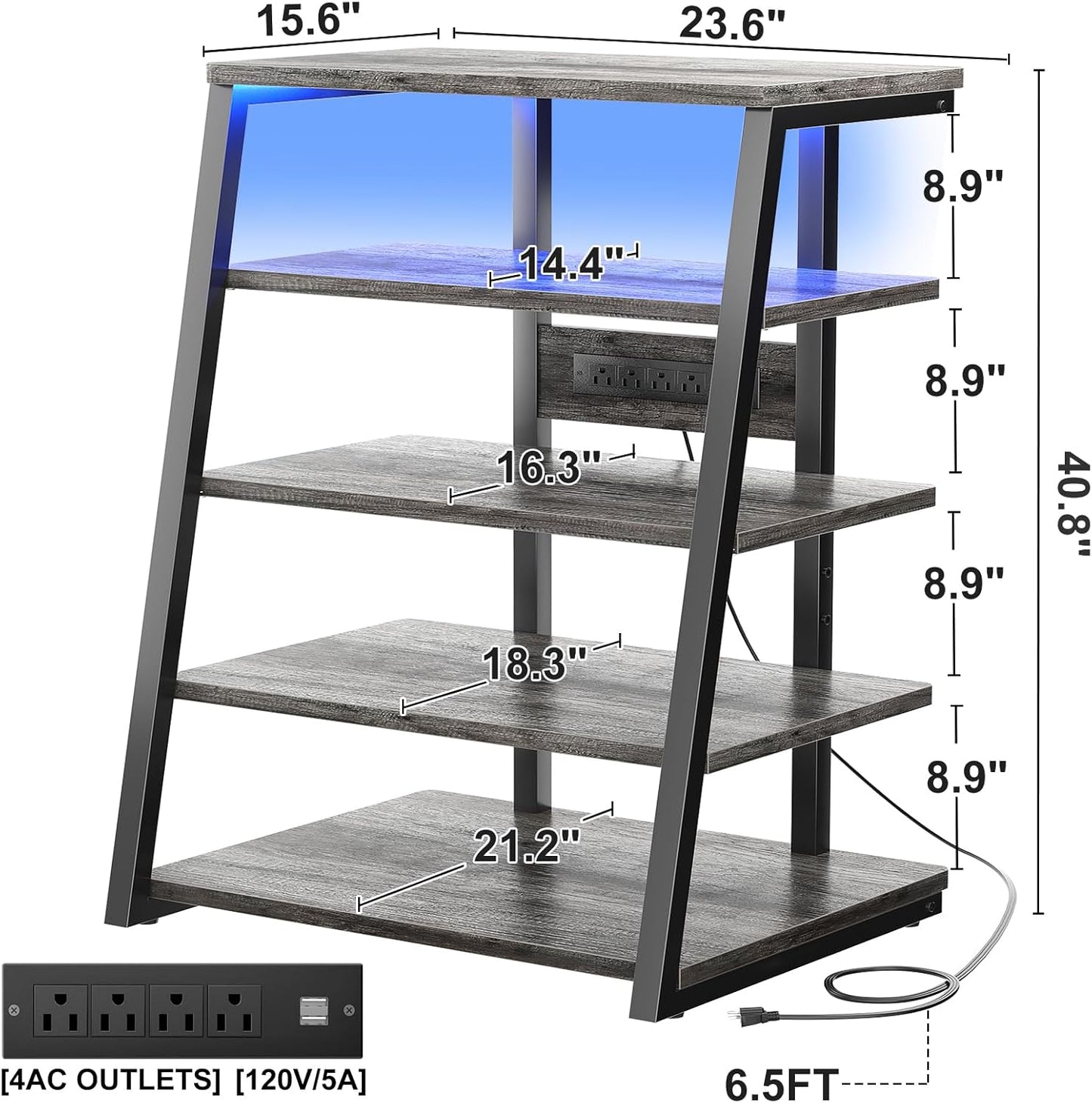 Armocity 5-Tier AV Media Stand with Power Strips, Media Console with LED Lights, Audio Tower Rack with Adjustable Shelves, Stereo Stands and Racks, 40.8'', Grey Oak