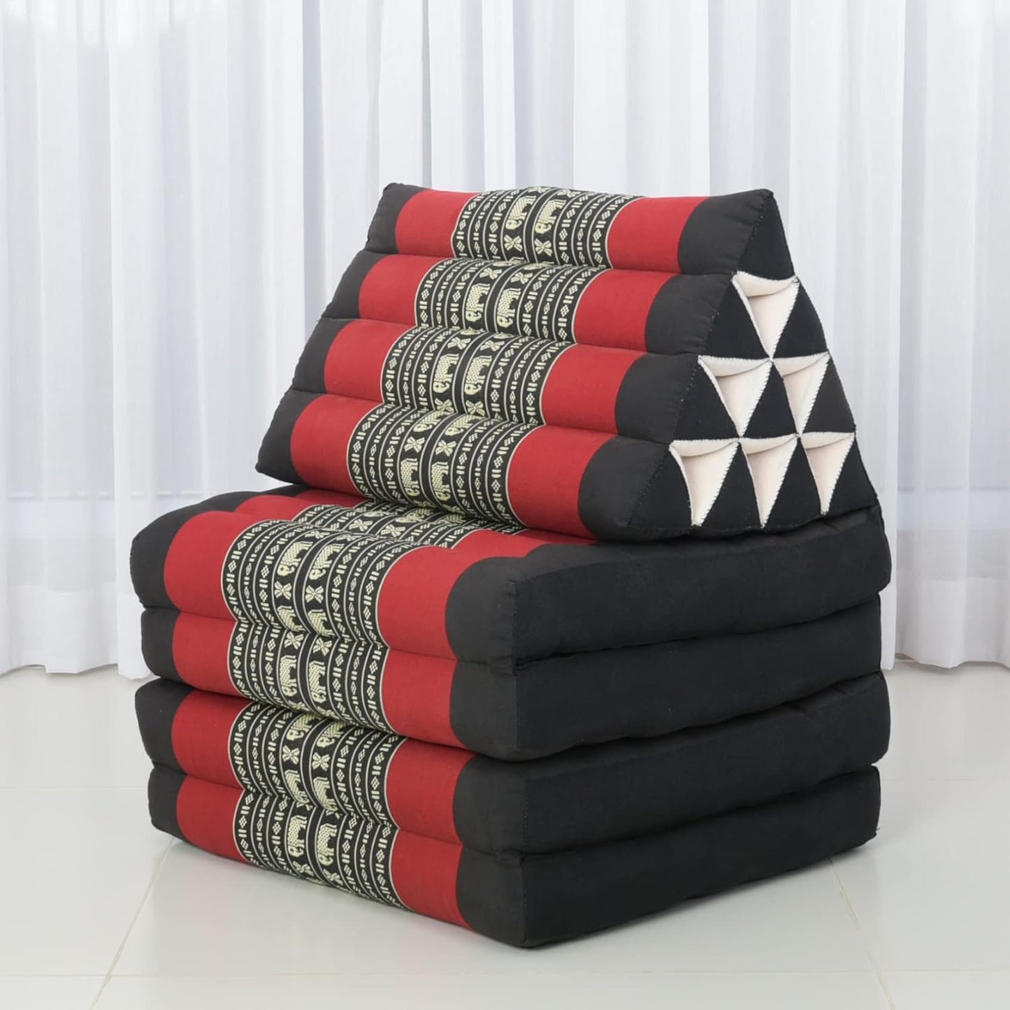 Leewadee Comfortable Japanese Floor Mattress - Thai Floor Bed with Triangle Cushion - Futon Mattress - XL Extra Long Thai Massage Mat, 89 x 20 inches, Black Red, Kapok Filling