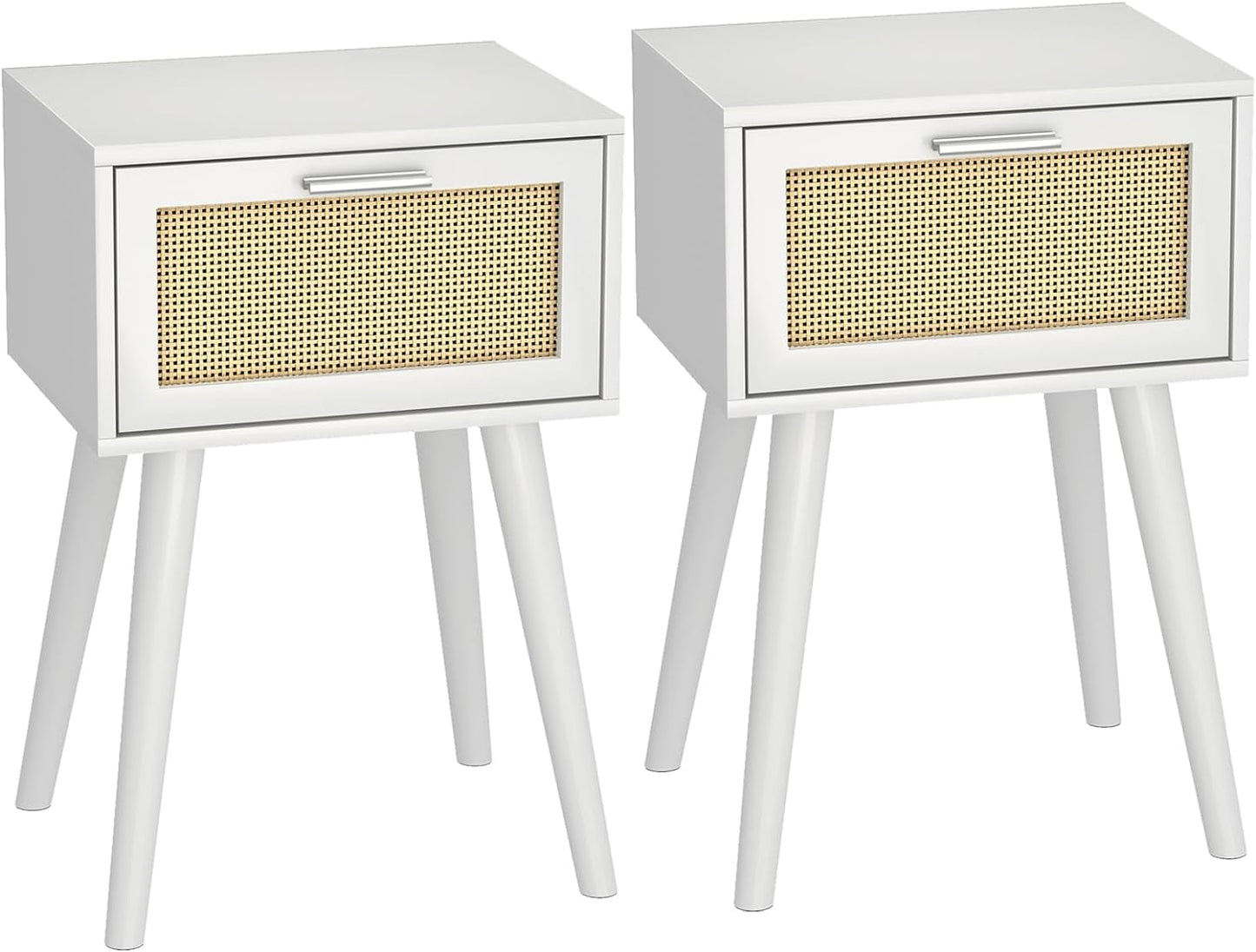 LAATOOREE Table, Nightstand Set of 2 - Small End Table with Rattan Door, Boho Style for Bedroom Living Room - White