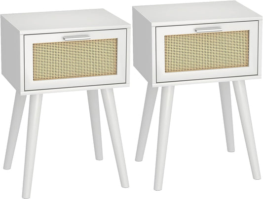LAATOOREE Table, Nightstand Set of 2 - Small End Table with Rattan Door, Boho Style for Bedroom Living Room - White