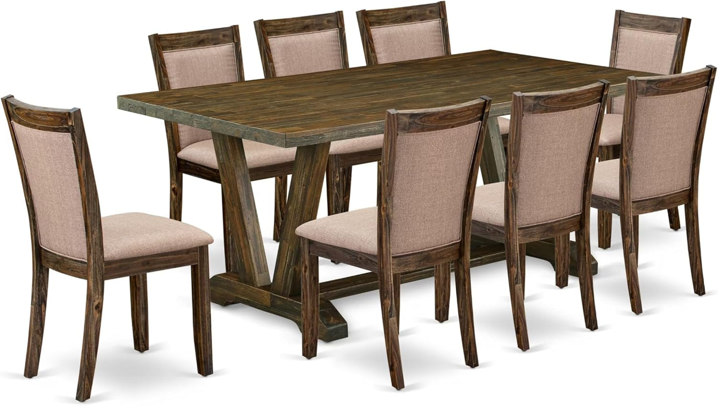 East West Furniture V777MZ716-9 9 Piece Dining Table Set Includes a Rectangle Dining Room Table with V-Legs and 8 Dark Khaki Linen Fabric Parsons Chairs, 40x72 Inch, Multi-Color