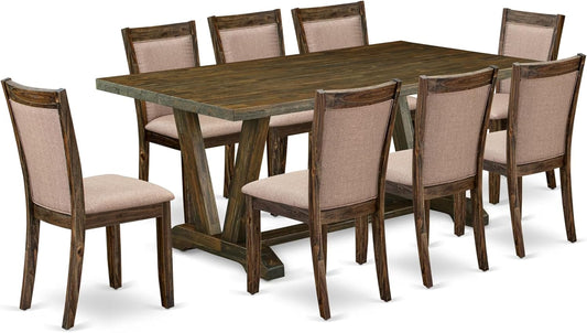 East West Furniture V777MZ716-9 9 Piece Dining Table Set Includes a Rectangle Dining Room Table with V-Legs and 8 Dark Khaki Linen Fabric Parsons Chairs, 40x72 Inch, Multi-Color