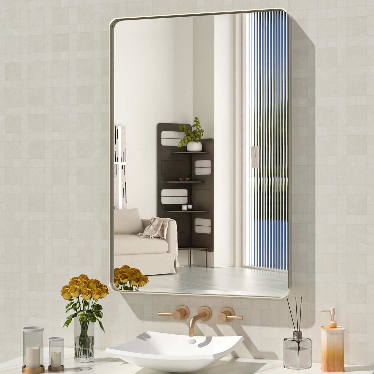 WEER 24X36 Inch Brushed Nickel Bathroom Mirror, Brushed Silver Metal Frame Mirror, Rounded Rectangle Silver Bathroom Vanity Mirror, Tempered Glass, Anti-Rust, Hangs Horizontally or Vertically