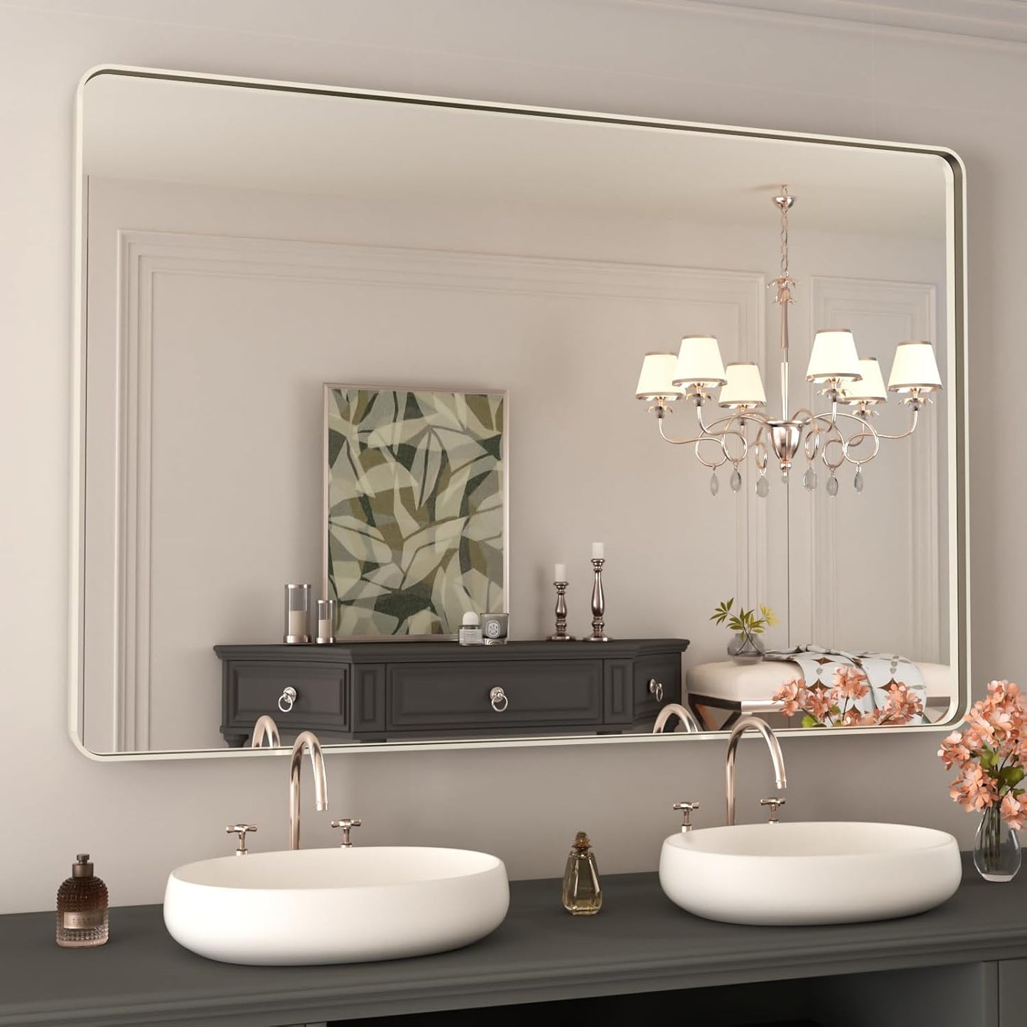 WEER 48X32 Inch Brushed Nickel Bathroom Mirror, Brushed Silver Metal Frame Mirror, Rounded Rectangle Silver Bathroom Vanity Mirror, Tempered Glass, Anti-Rust, Hangs Horizontally or Vertically