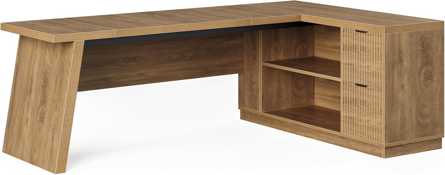 LITTLE TREE 78-Inch L-Shaped Executive Desk, Modern Desk with Drawers & File Cabinet, Large Walnut Office Workstation with Storage Shelves for Home Office