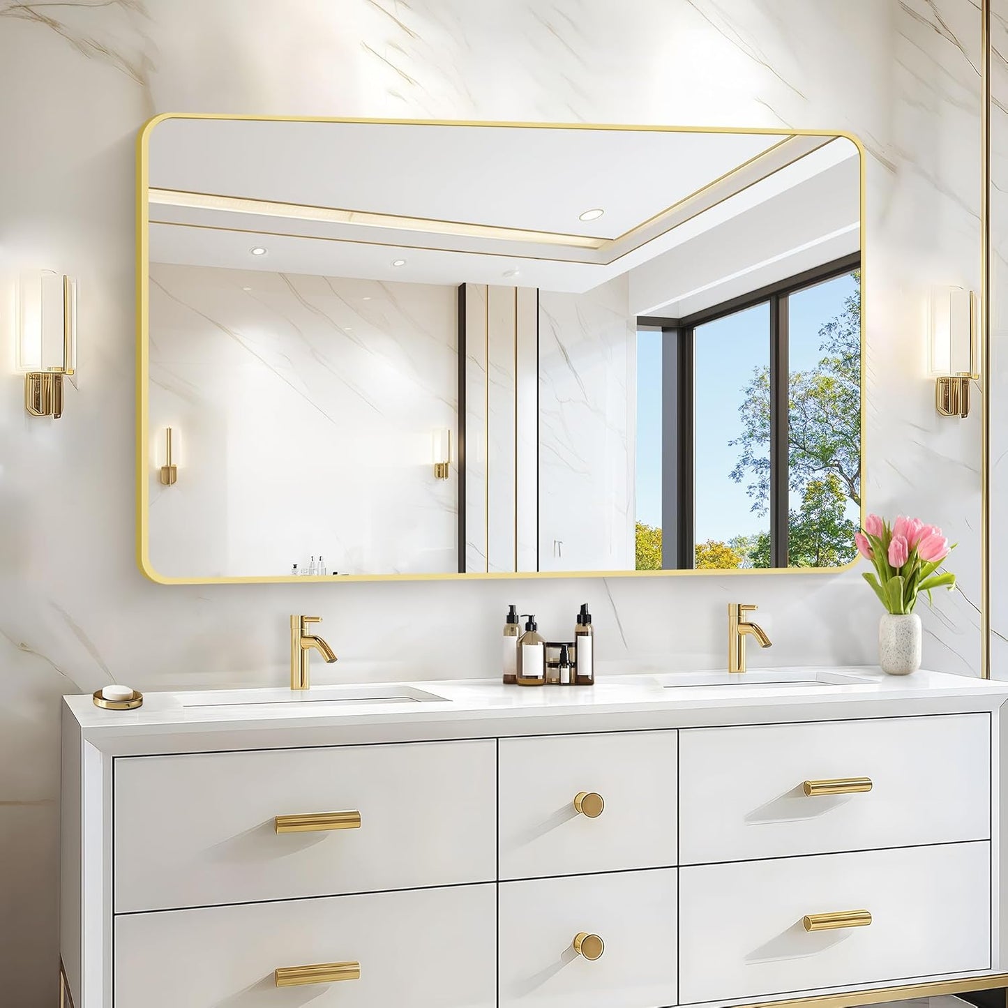 55x36 Inch Gold Bathroom Mirror, Metal Framed Large Rectangle Mirror, Rounded Rectangular Vanity Mirror, Wall Mounted Mirror for Over Sink Living Room Bedroom Entryway Horizontal/Vertical