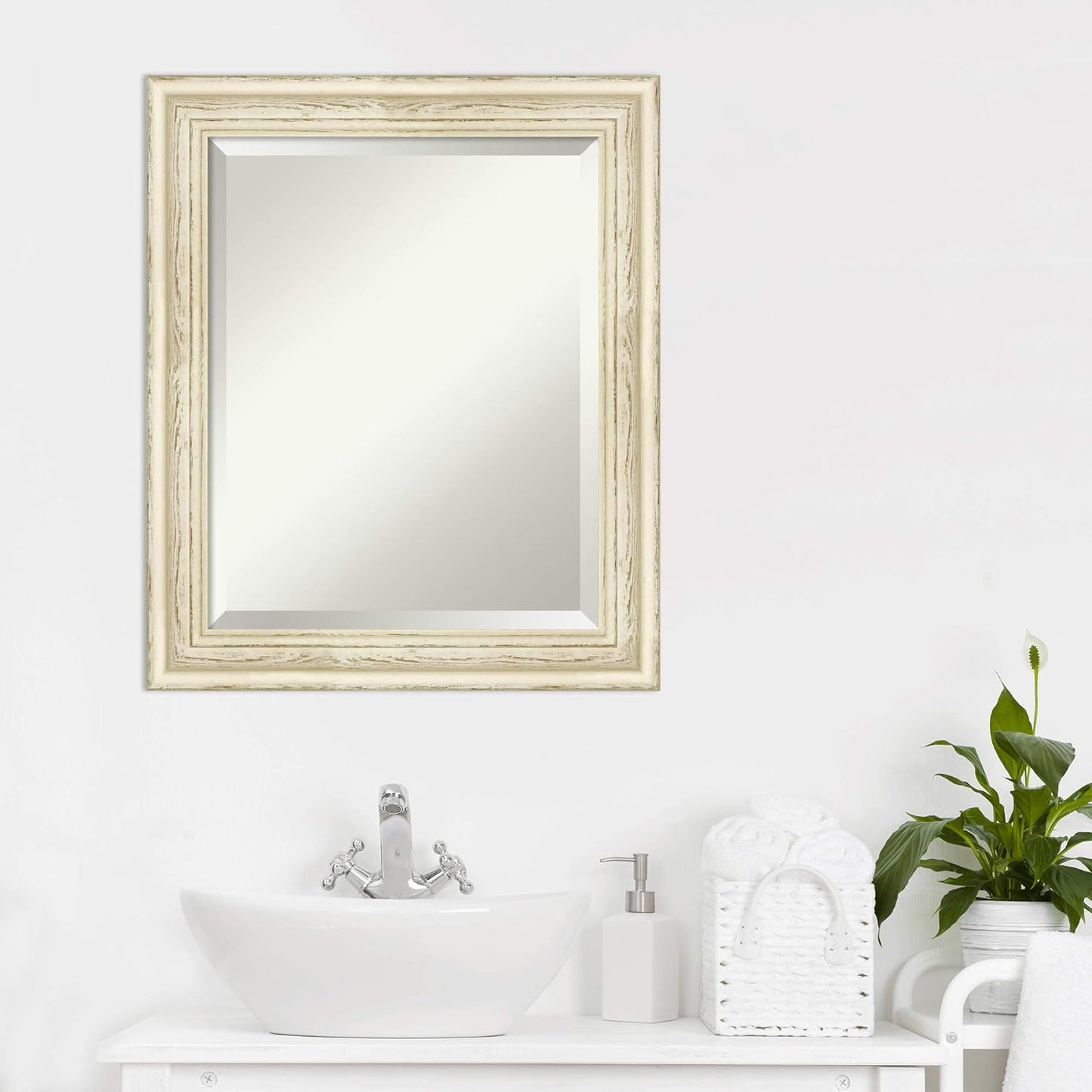 Amanti Art White Bathroom Mirror for Over Sink, 25x21 Country White Wash Rectangle Vanity Mirror, Small Rustic Farmhouse Wood Frame, Hangs Horizonally and Vertically, Bathroom Wall Decor, Beveled Edge