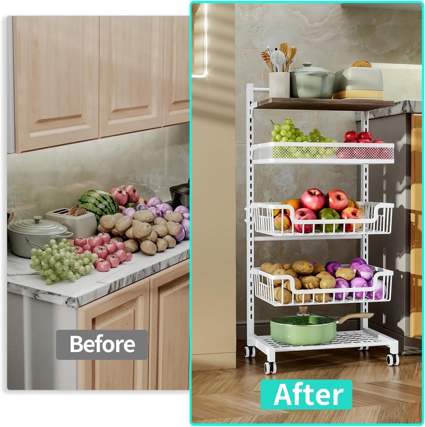 HapiRm Fruit Basket Kitchen Cart - 5 Tier Adjustable Vegetable Storage Rack, Large Capacity Rolling Kitchen Carts on Wheels for Snack Onion and Potato Storage