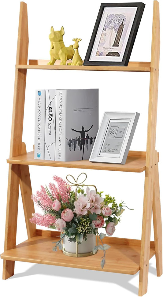 DOUSY-3-Tier Ladder Shelf, Bamboo Ladder Bookshelf Leaning Bookcase Trapezoid Bookshelf Storage Rack Shelf for Living Room, Kitchen, Bathroom, Home Office, Natural Color