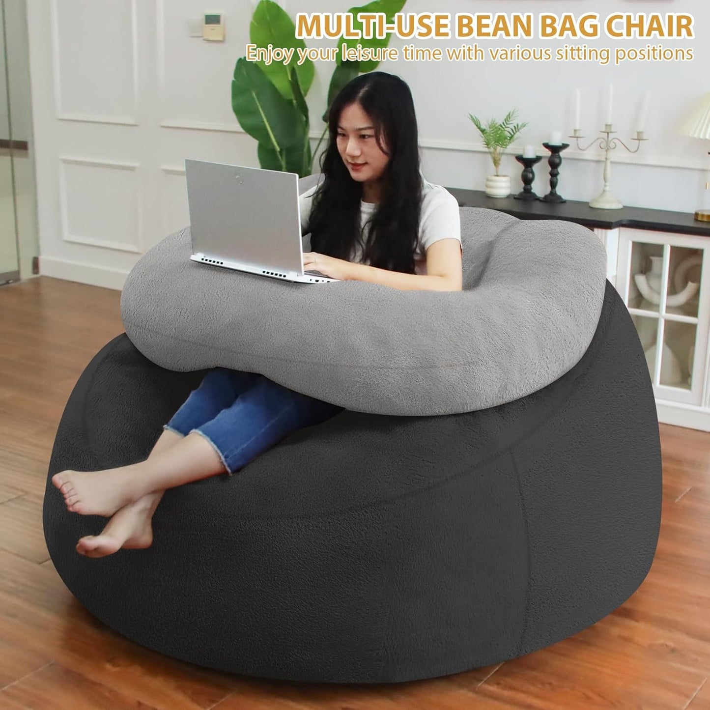 HABUTWAY Bean Bag Chair with U-shaped Pillow for Adult and Kids Big BeanBag Chair with Filling Ultra Soft Faux Fur Couch Chair with Washable Cover for Living Room Bedroom Office, Dark Grey& Light Grey