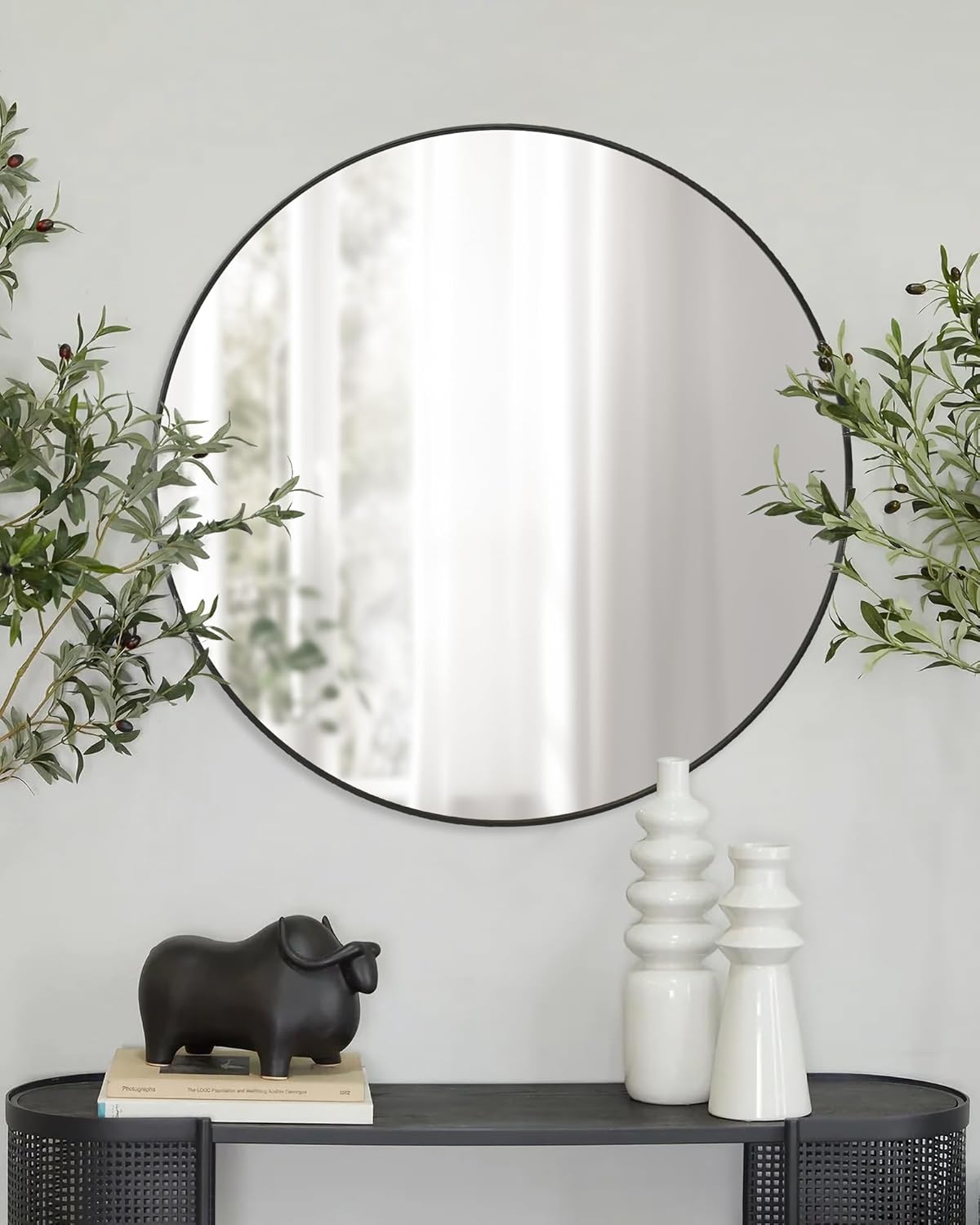 Black Round Mirror,Bathroom 30 Inch Vanity Wall Mirror,Modern Circle Mirror for Wall,Wood Mirror for Bedroom Living Room Entryway