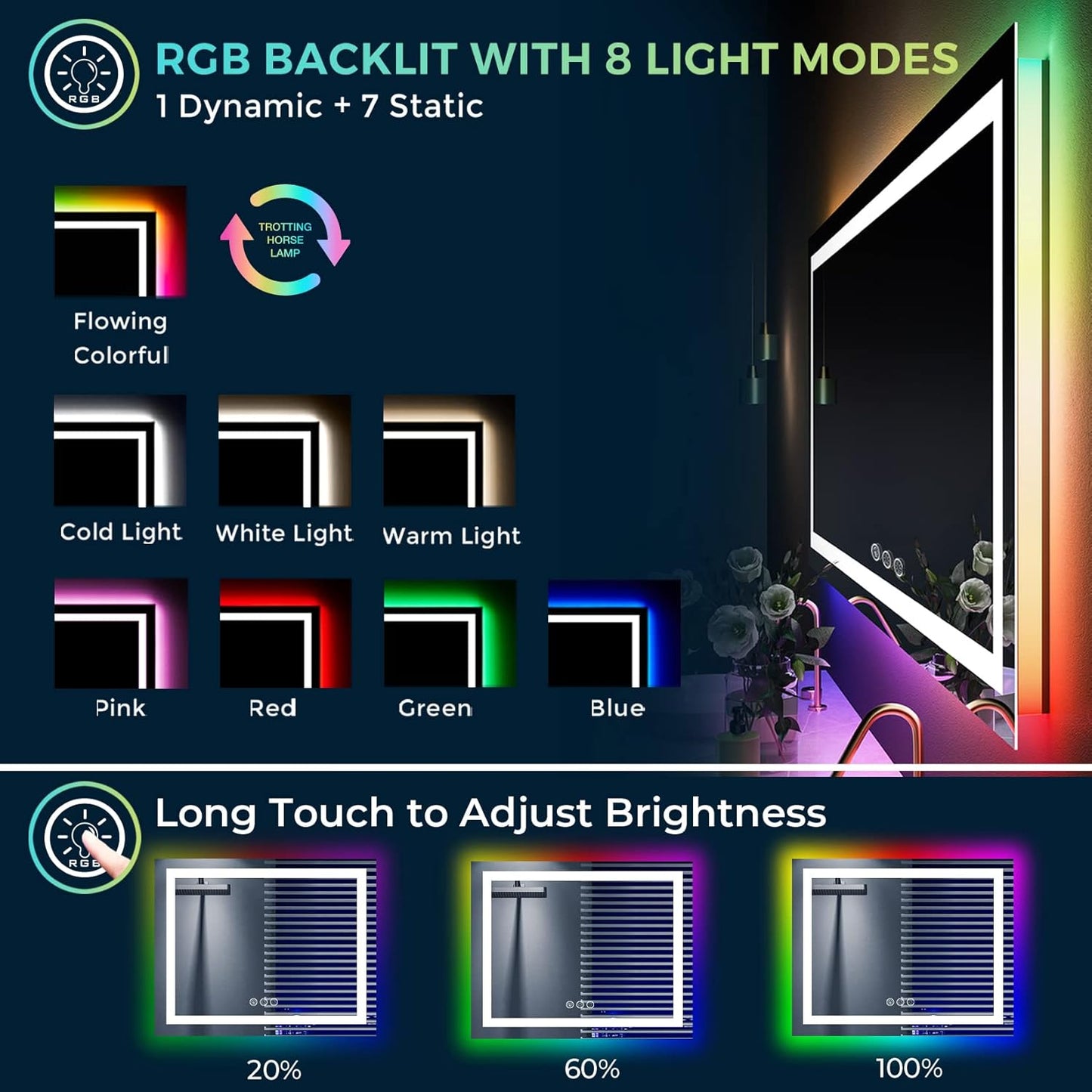 40x32 Inch RGB LED Bathroom Mirror Front Light and RGB Backlit Lighted Vanity Mirror for Bathroom Wall Mounted Dimmable Anti Fog Memory Shatter-Proof IP54 Waterproof Horizontal/Vertical