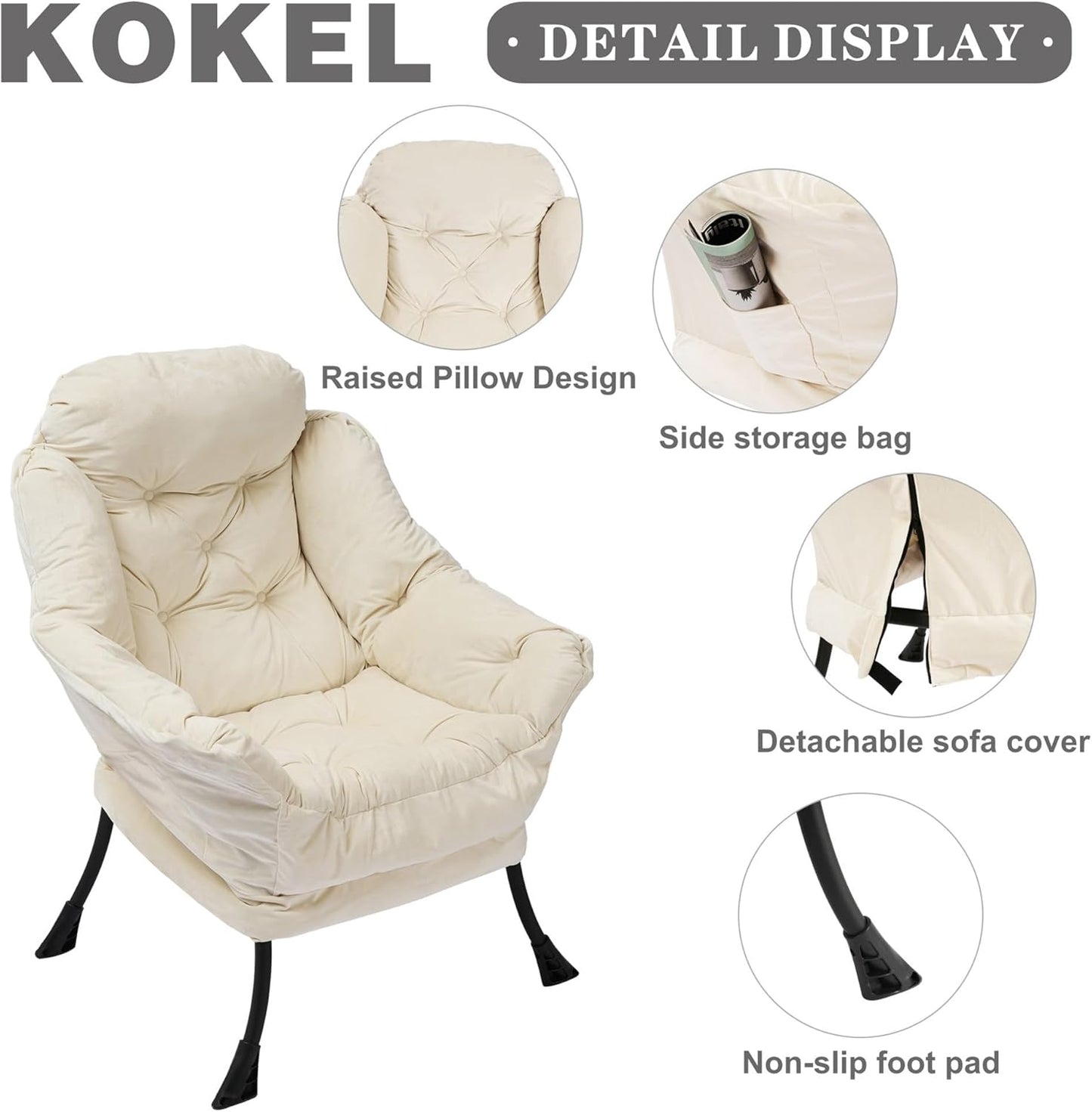 Lazy Chair with Folding Ottoman,Living Room Chairs, Accent Contemporary Lounge Chair, Single Steel Frame Leisure Sofa Chair with Armrests and A Side Pocket (White)