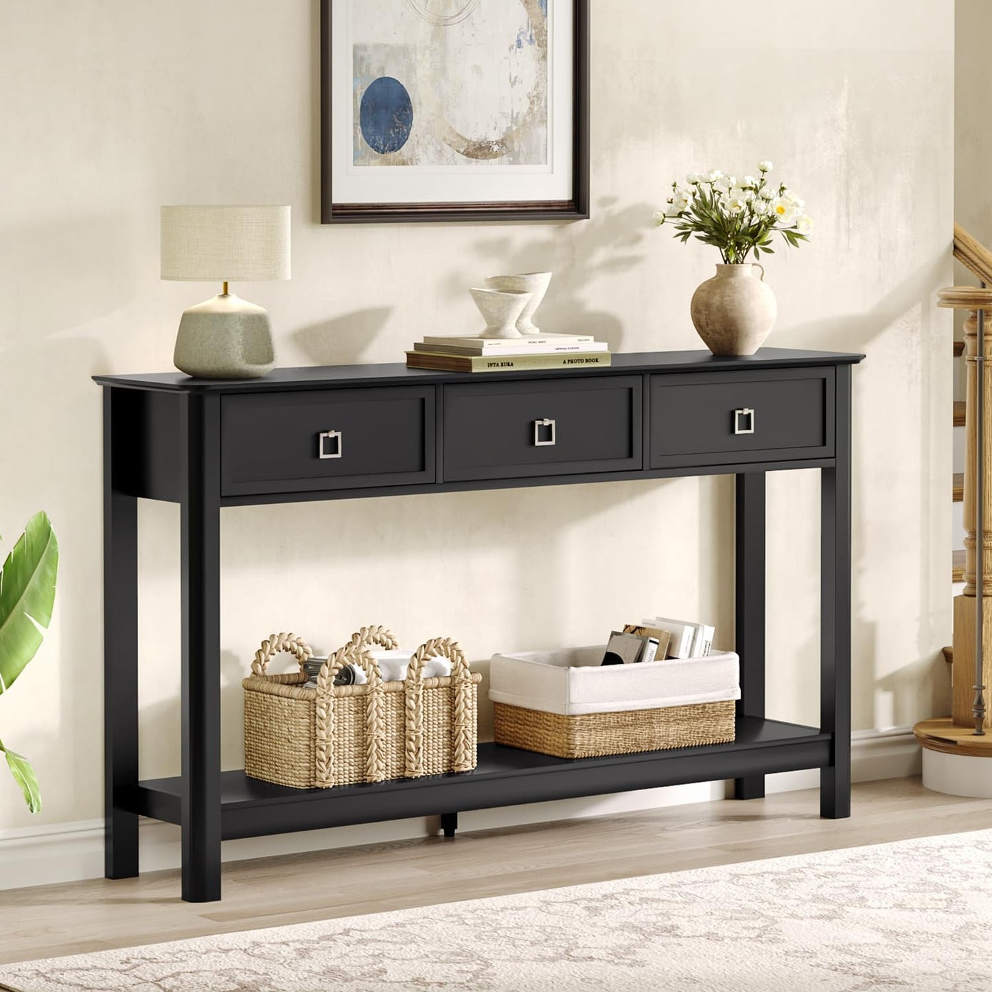 Treocho 53.1" Console Table with 3 Drawers, Modern Entryway Table, 2-Tier Narrow Long Sofa Table Behind Couch Table for Living Room, Hallway, Black