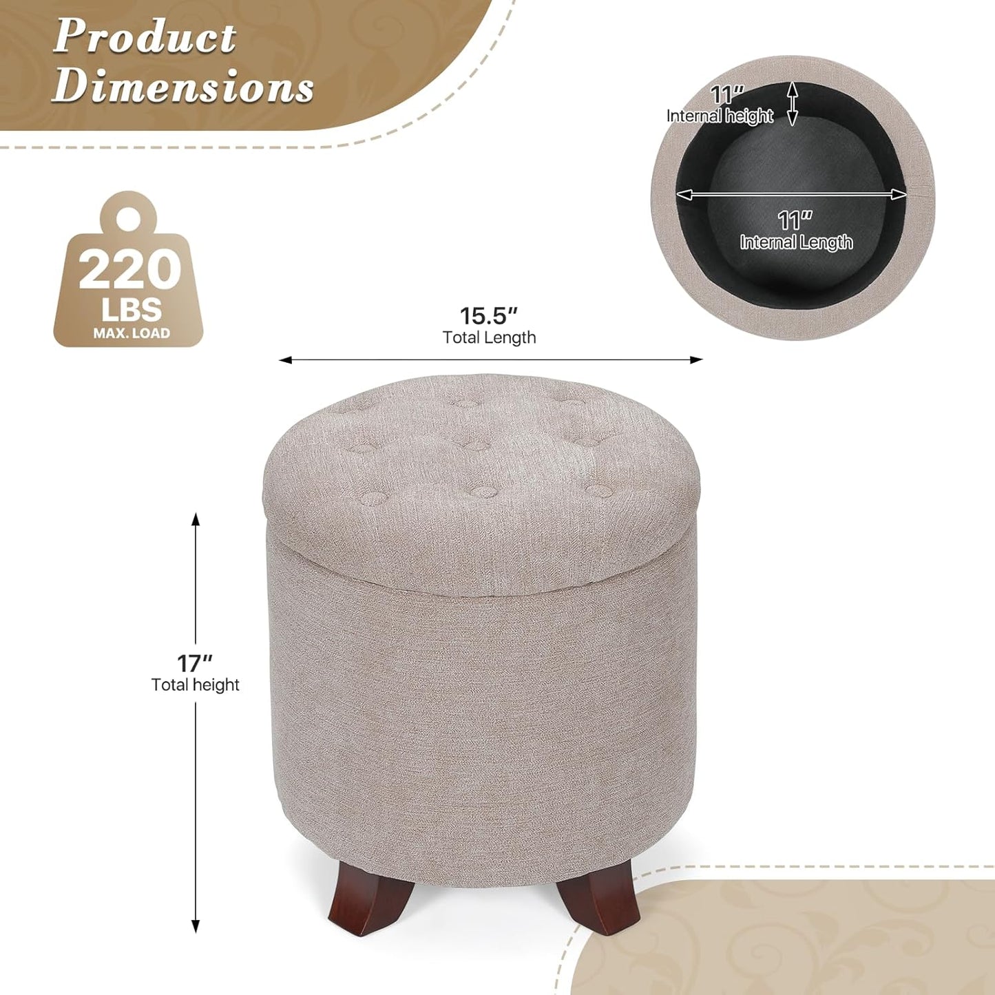 Athena Collection 15 Inch Small Ottoman with Storage, Round Linen Fabric Storage Ottoman Foot Rest with Removable Lid, Multipurpose Footstool Footrest for Living Room, Bedroom, Dorm, Khaki