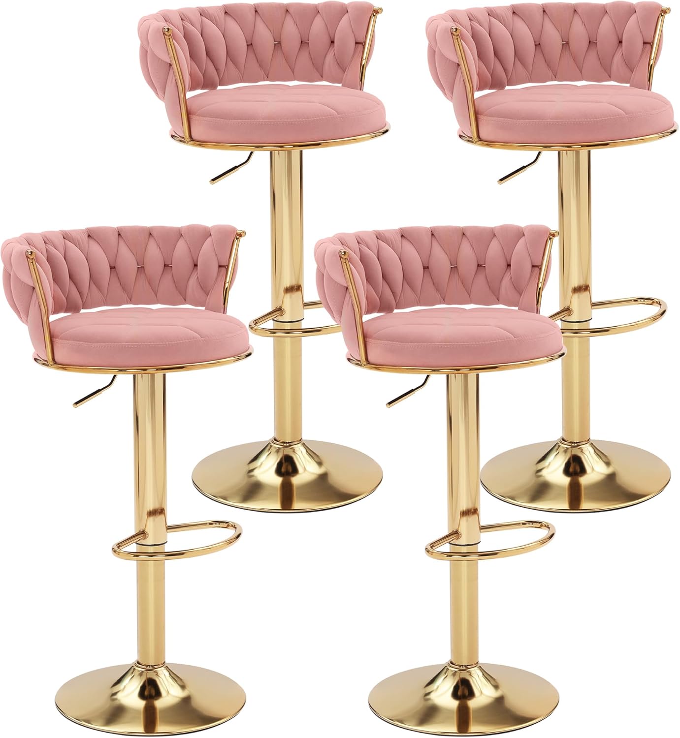 VECELO Bar Stools Set of 4, Adjustable Counter Height Barstools with Back & Arm Rest, Velvet Woven Kitchen Island Stools with Gold Metal Leg & Base, 360 Swivel, Pink