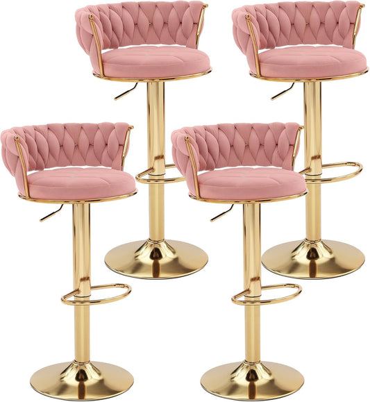 VECELO Bar Stools Set of 4, Adjustable Counter Height Barstools with Back & Arm Rest, Velvet Woven Kitchen Island Stools with Gold Metal Leg & Base, 360 Swivel, Pink