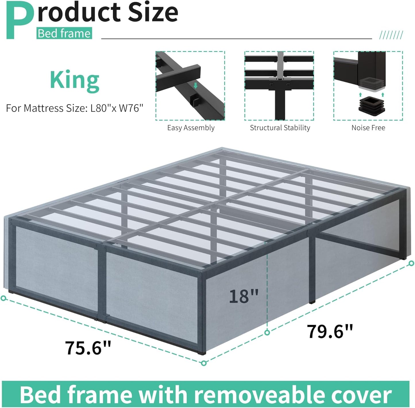18 Inch King Bed Frame with Storage Bed Cover Skirt, Heavy Duty Metal Full Platform Bed Frame No Box Spring Needed, Easy Assembly, Noise Free, Black and Blue
