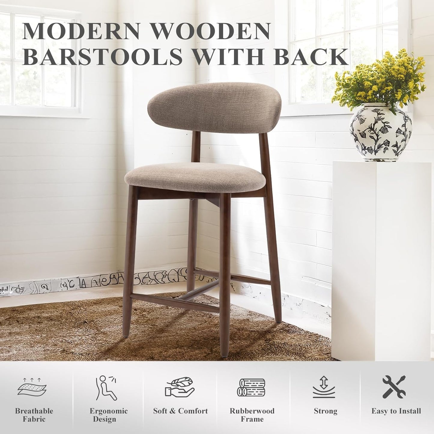 COLAMY Bar Stools Set of 2, Counter Height Barstools, Upholstered Counter Stools with Wood Legs for Kitchen Island Dining Room, Camel