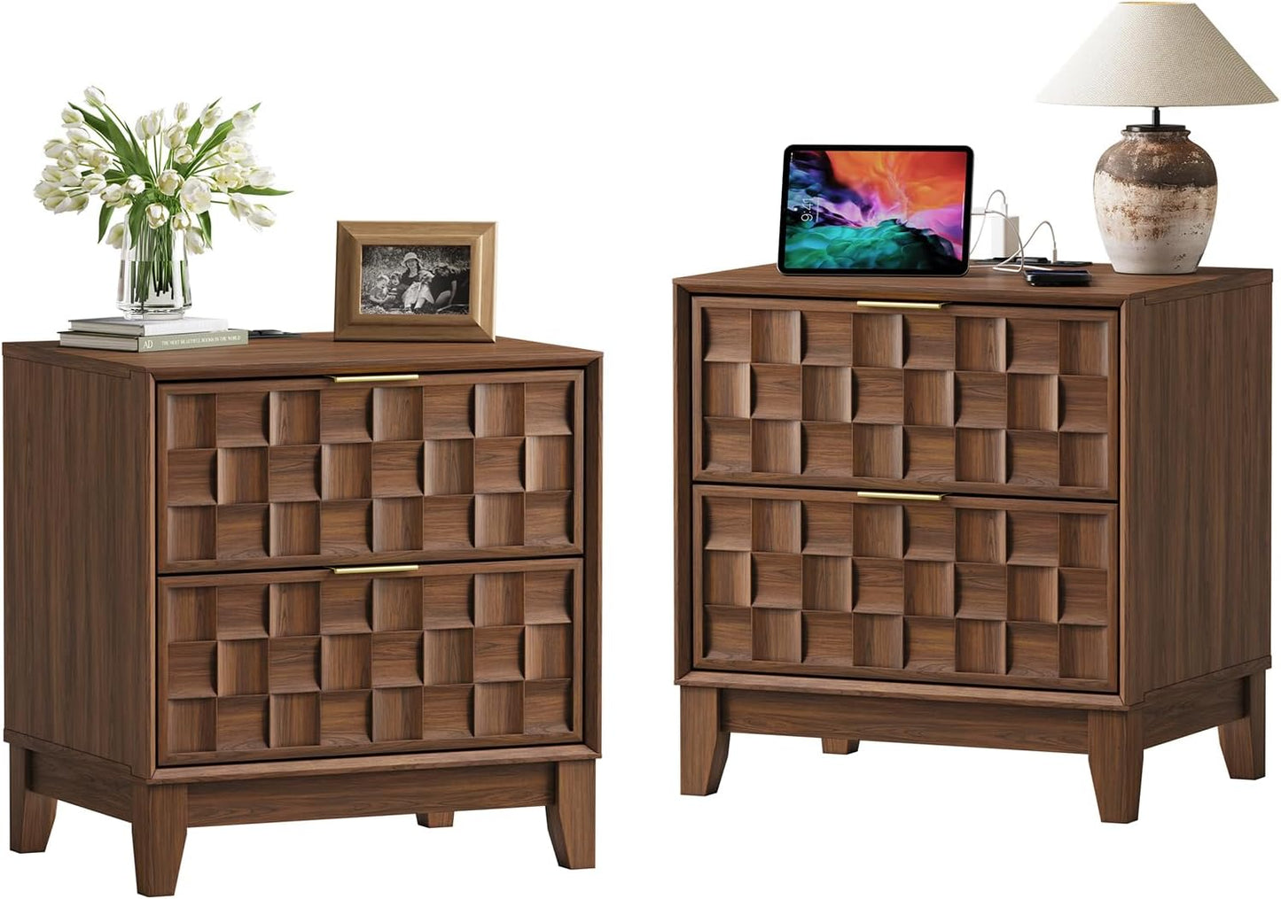 COLAMY Night Stand Set of 2, Nightstand with Charging Station, 22" Modern Bed Side Table with 2 Storage Drawers and Chessboard Relieffor Bedroom, Dorm and Small Spaces - Walnut