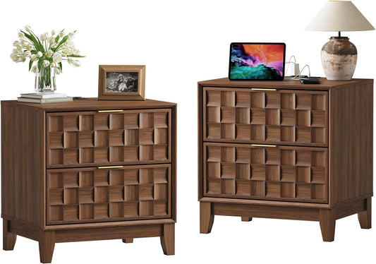 COLAMY Night Stand Set of 2, Nightstand with Charging Station, 22" Modern Bed Side Table with 2 Storage Drawers and Chessboard Relieffor Bedroom, Dorm and Small Spaces - Walnut
