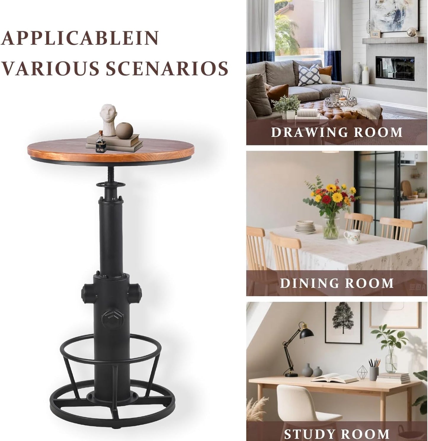 Vintage Bistro Table Height Adjustable 38.6-44.4inch Industrial Bar Table for Kitchen Dining Room Coffee House Pub Office Swivel Round Wooden Top for 2-3 People