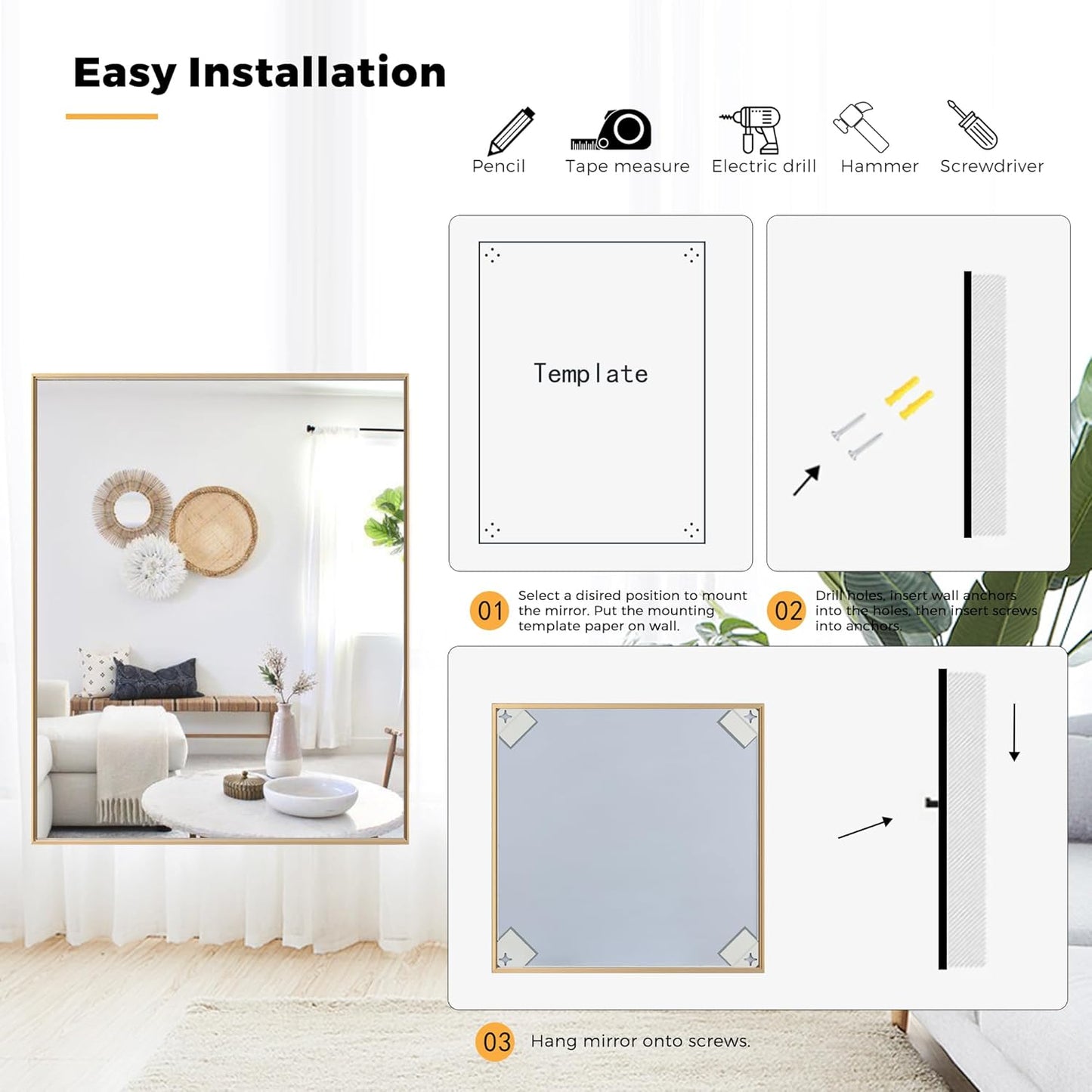 27x40 Inch Orange Gold Bathroom Mirror for Wall, Aluminum Frame Rectangle Rectangular Vanity Mirror, Modern Large for Bedroom, Living Room, Horizontal or Vertical