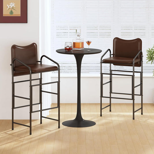 GILLAS Set of 2 Bar Stools with Backrest and Armrest, 36.2" PU Leather Counter Height Stools, Industrial Bar Chairs for Kitchen Island, Home Bar, Brown