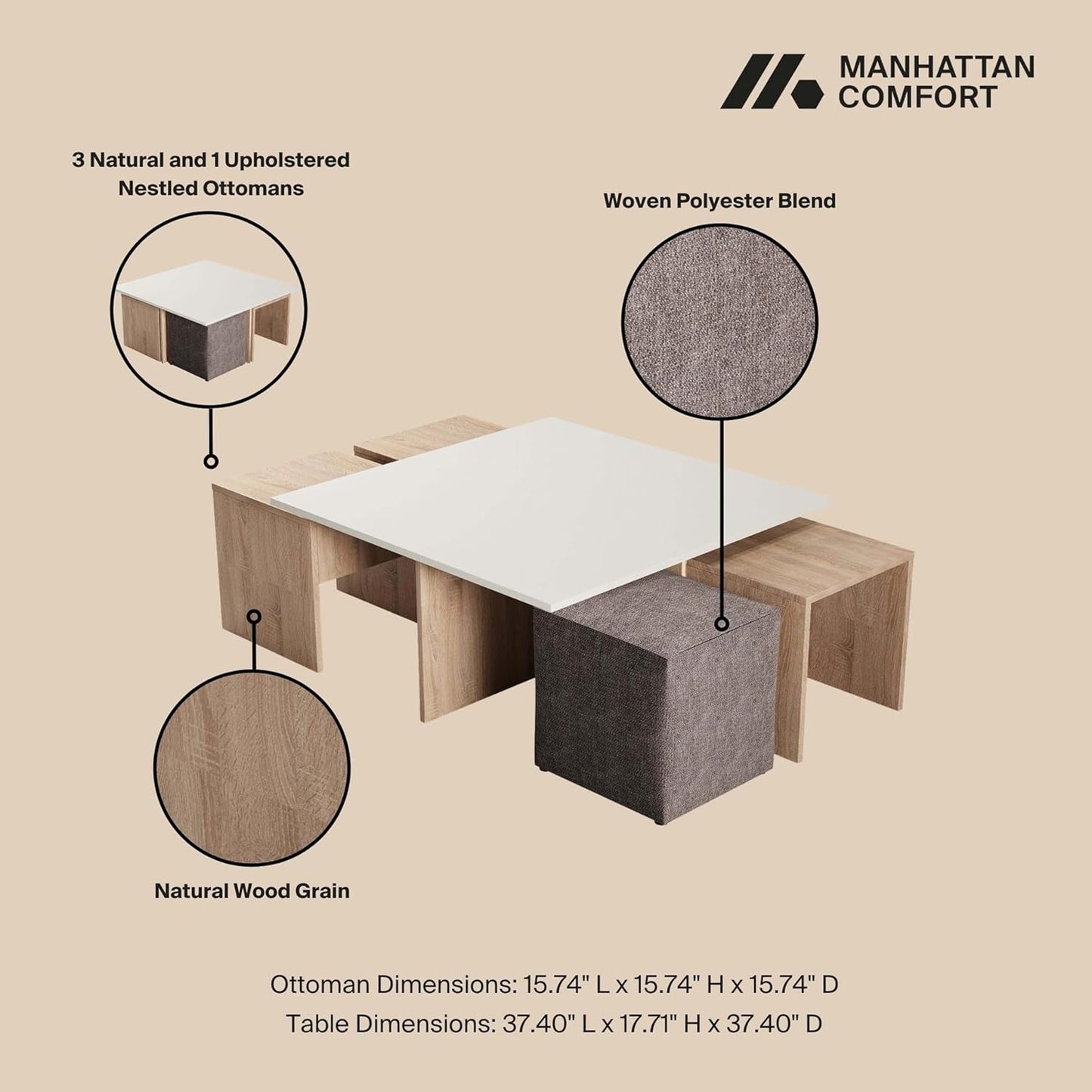 Manhattan Comfort Haley Mid Century Modern Coffee Table & Ottoman Set with Nested Design for Small Spaces, Versatile Living Room Furniture, Accent Decor, Natural and Nude