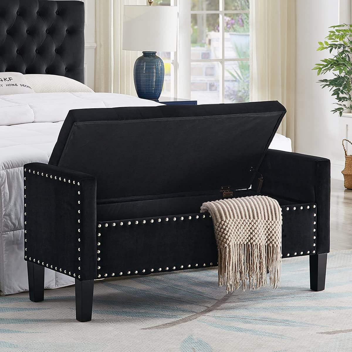 24KF Velvet Modern Upholstered Tufted Button Storage Bench with Arms for Bedroom,Entryway Living Room Soft Padded Seat-Black