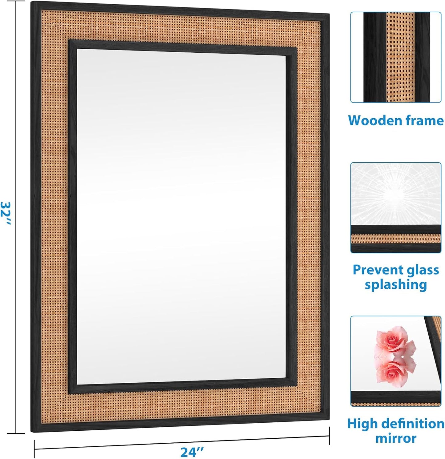 Rattan Wall Mirror with Wooden Framed 24 X 32 inch Farmhouse Rectangle Wood Mirror for Modern Decorative Bathroom, Living Room, Entryway, Bedroom (Black)
