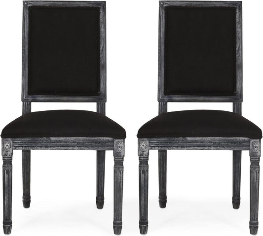 Christopher Knight Home Regina French Country Dining Chairs Set of 2, Wooden Dining Room Chair, High Back Kitchen Side Chair, Fabric Upholstered Armless Extra Seat, Black and Gray