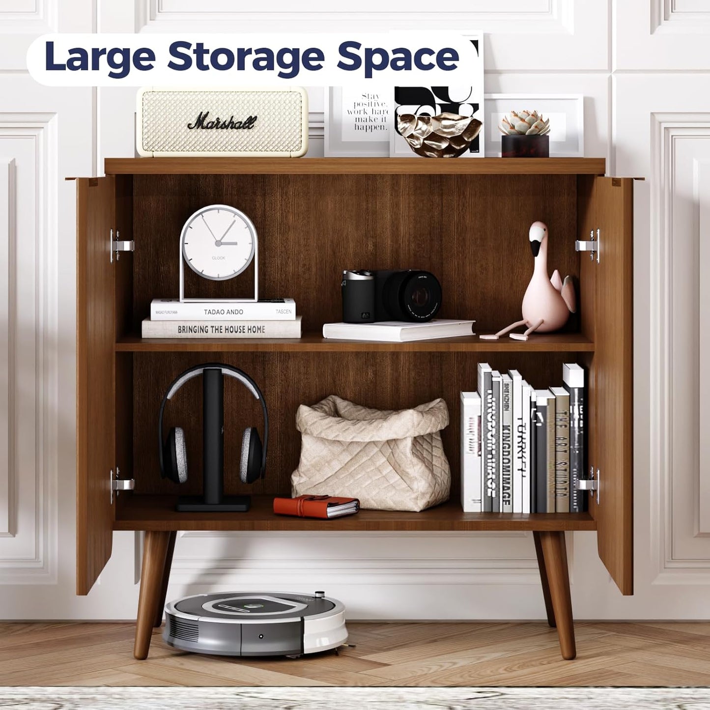 Fluted Buffet Cabinet – Modern Wood Sideboard with 2-Doors & Shelves, Multifunctional Storage Cabinet & Credenzas for Entryway, Dining & Living Room, Walnut