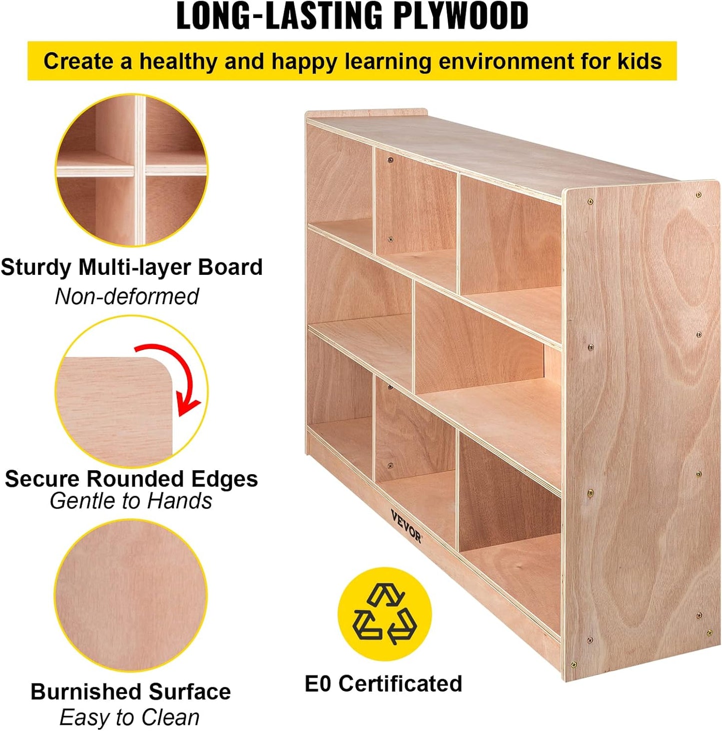 VEVOR Cubby Mobile Tray Storage Cabinet, 8-Compartment Cubby Storage Shelf, Cubby Storage Cabinet 3-Shelf, Classroom Cubbies, Classroom Furniture for Home, Daycare and Preschool, Natural