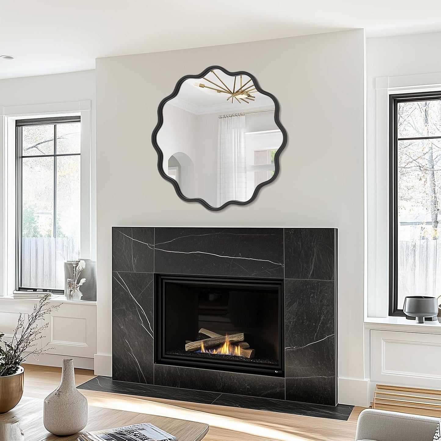 PROHOMEWARE Black Round Mirror 30 Inch Wavy Bathroom Vanity Mirror Black Frame Modern Wall Mirror Decorative Wall-Mounte Anti-Rust, Tempered Glass