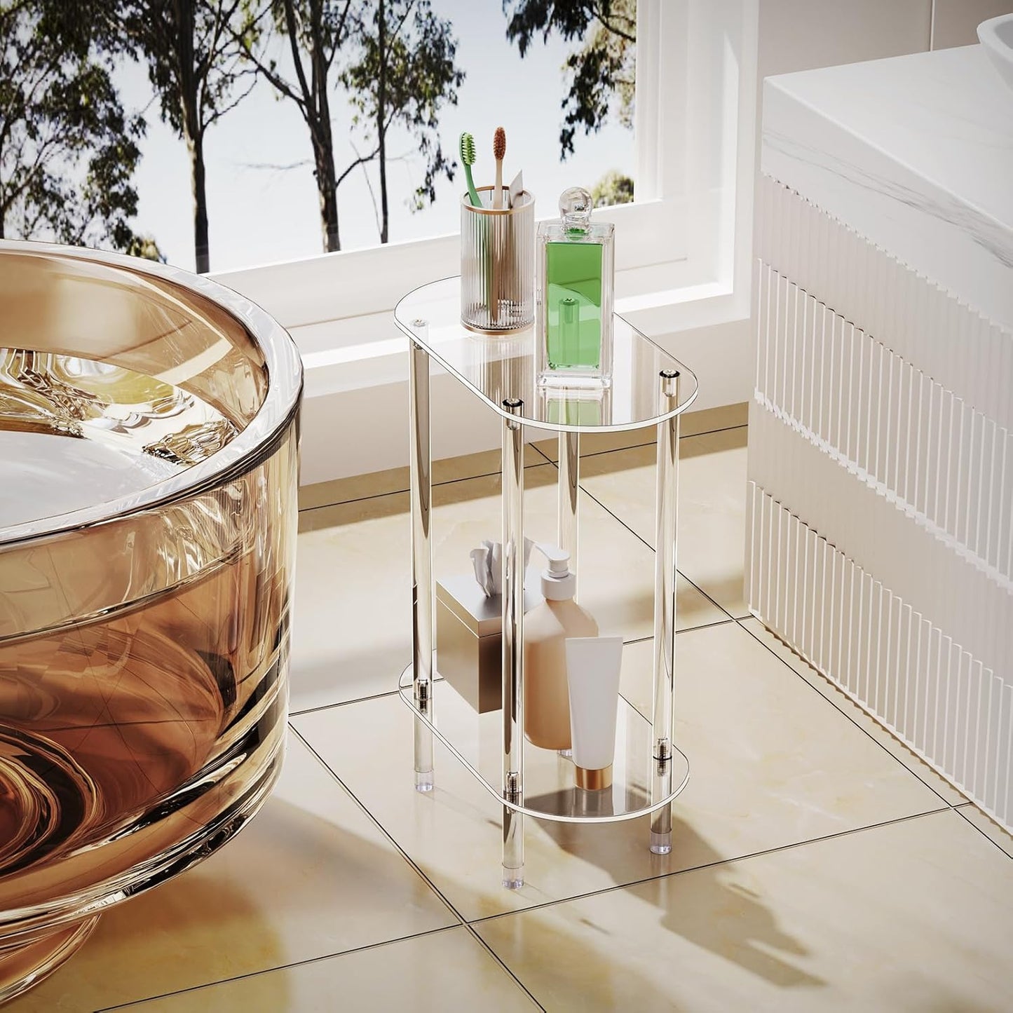 Clear Acrylic Narrow Side Table Set of 2 for Small Spaces, 15.75" L x 7.87" W x 19.82" H, 2 Tier Oval Slim End Table Nightstand, Small Skinny Bedside Table for Bedroom, Bathroom, Living Room