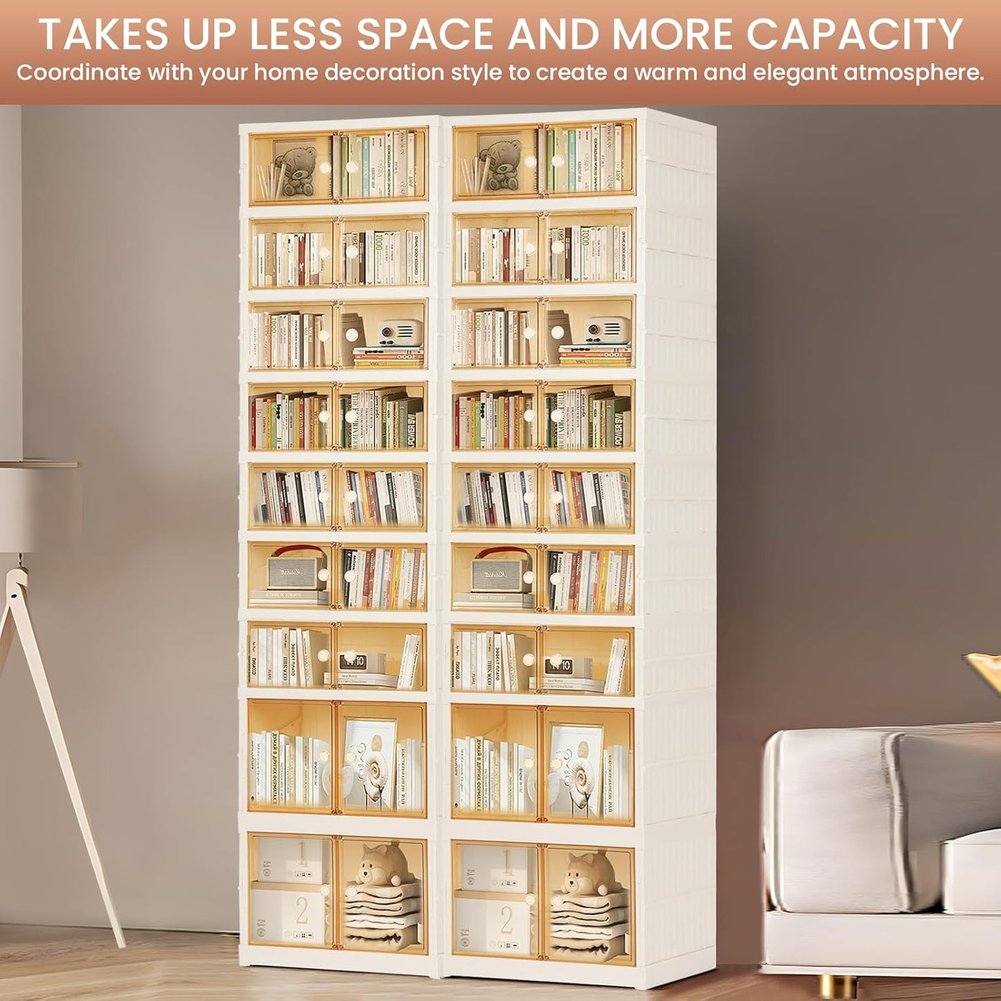 Foldable Shoe Organizer Storage Box, Portable Extra Large Folding Shoe Rack for Closet, Shoe Storage Box with Magnetic Transparent Door and Wheels, 9 Layers 18 Grids with 4 Big Grids