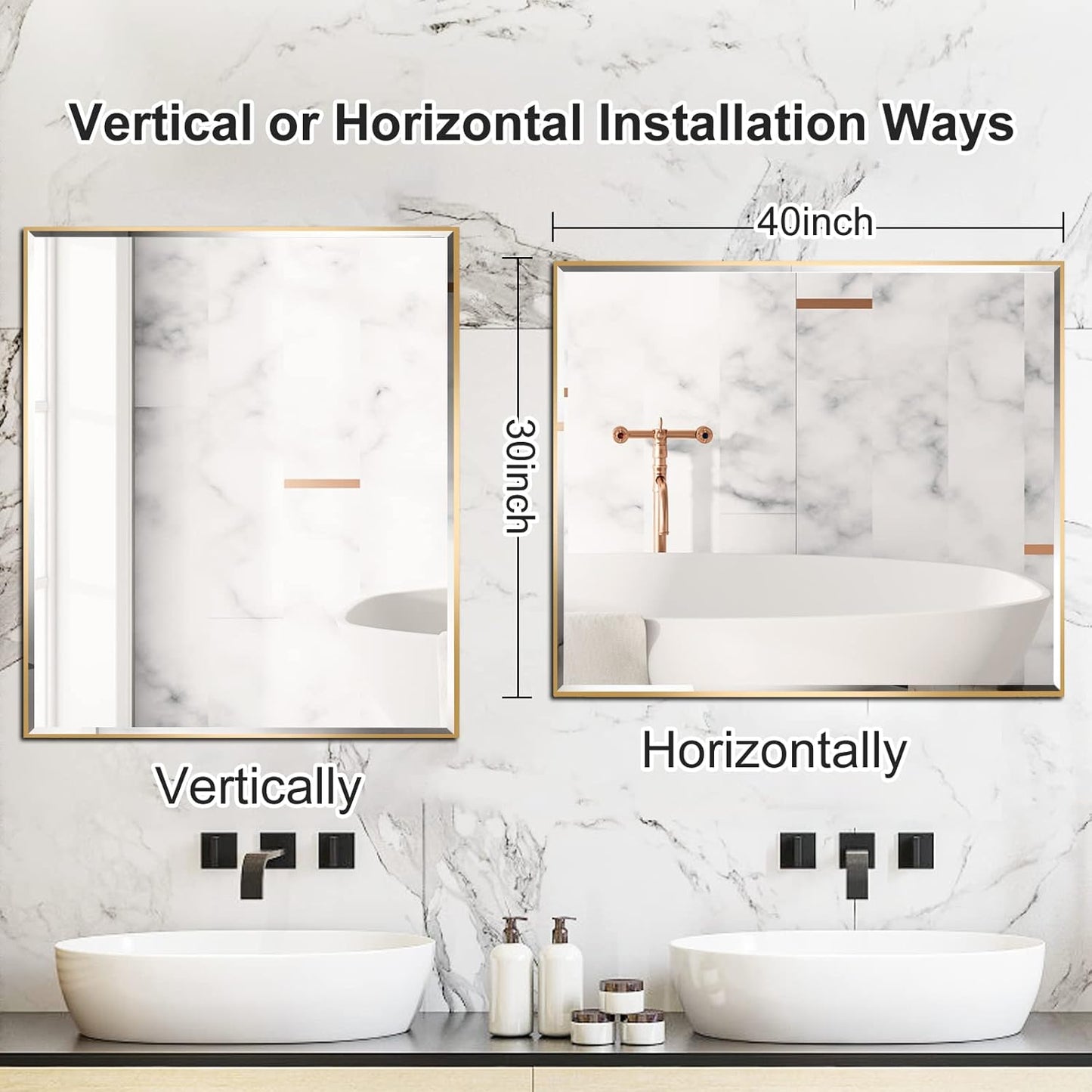 30x40 Inch Gold Mirror with Beveled Trim, Aluminum Frame Bathroom Vanity Mirror, Copper-Free Mirror, Rectangle Wall Mounted Mirror, Modern Rectangular Mirror Horizontal or Vertical