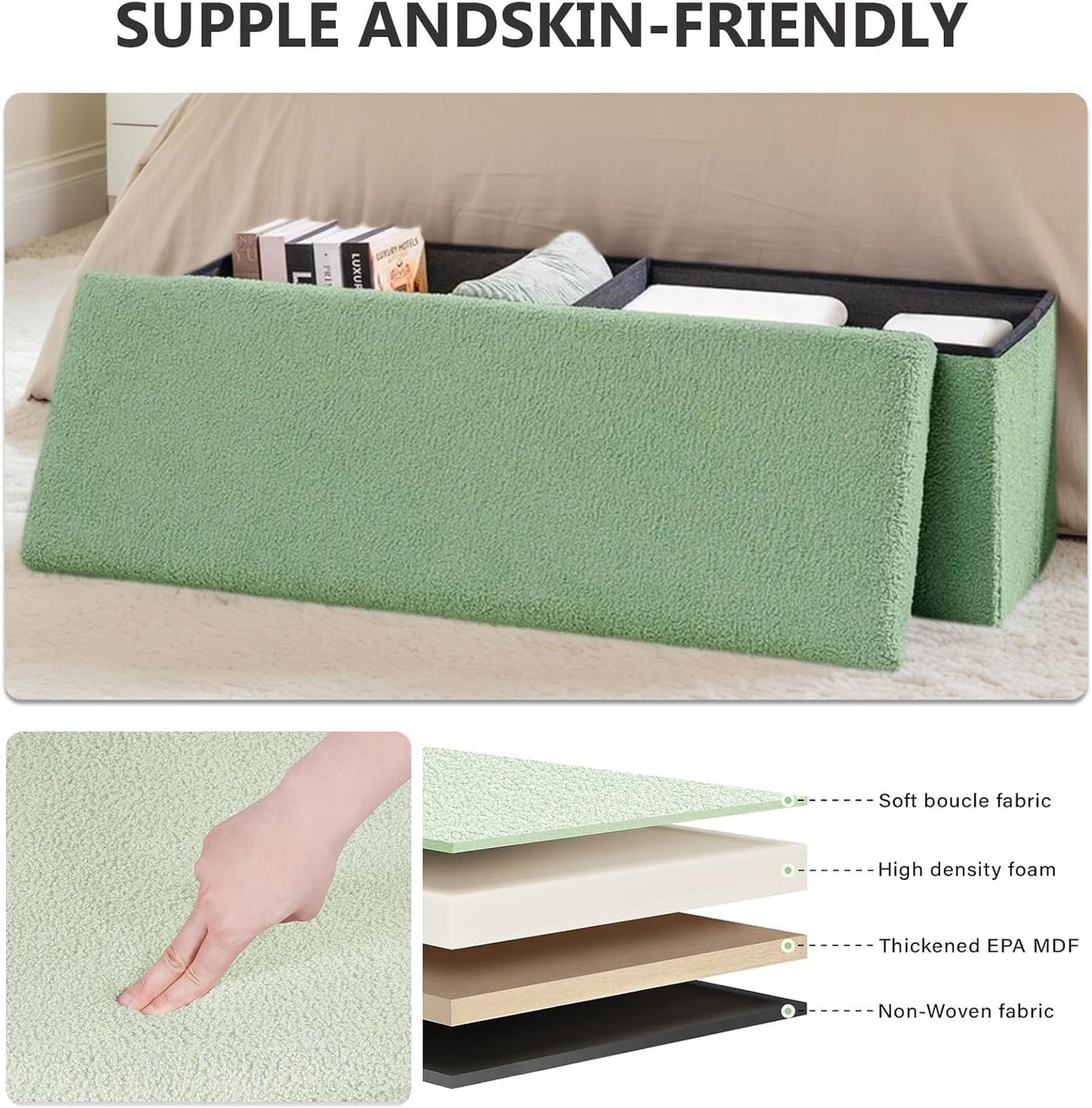 43 Inches Storage Ottoman Bench - Extra Large Foldable Ottoman with Storage, Bench for Living Room, Bedroom, Entryway - Green