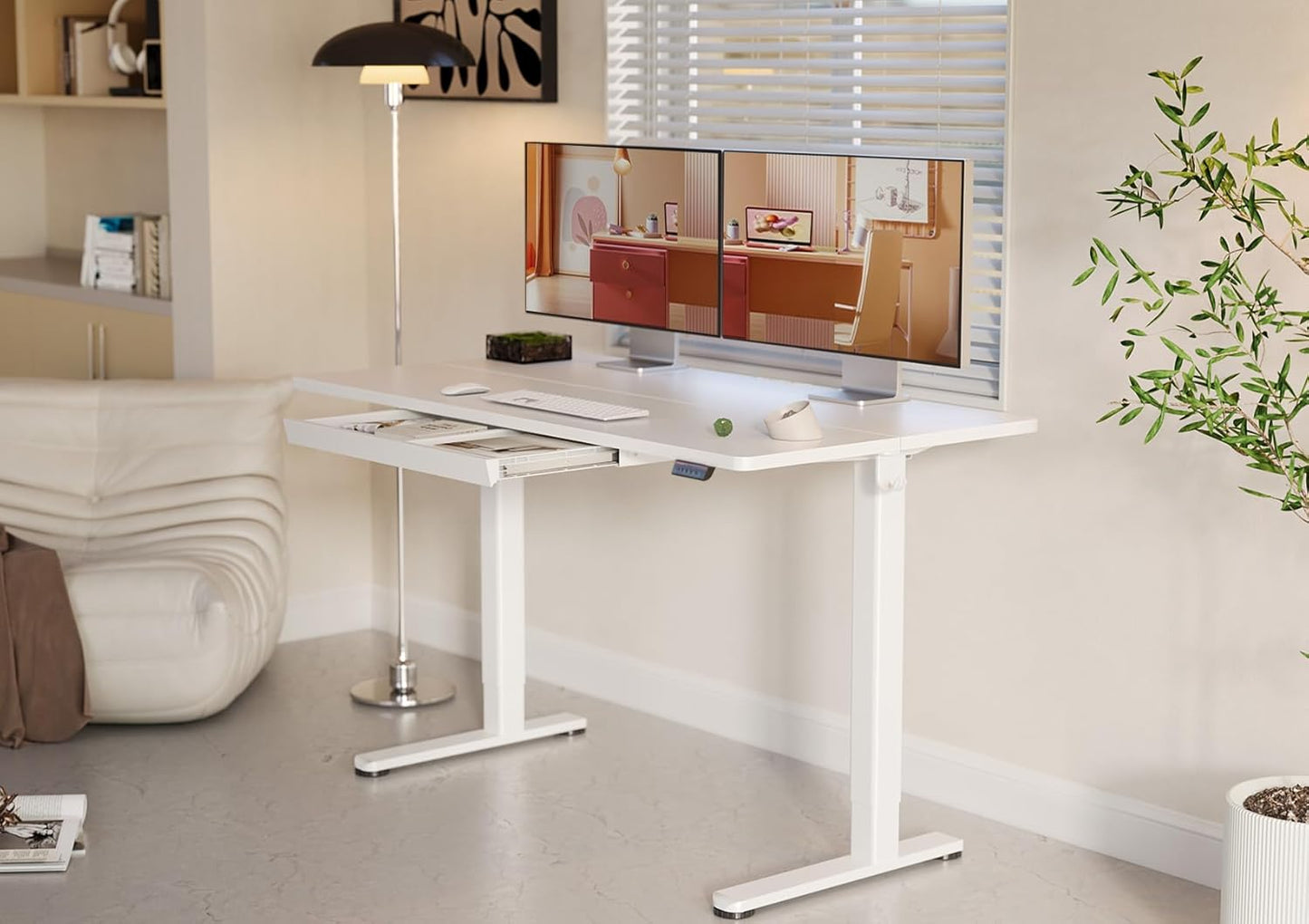 YDN Standing Desk with Drawers, 55 x 24 Inch White Standing Desks Electric Adjustable Height Desk for Computer Workstations, White