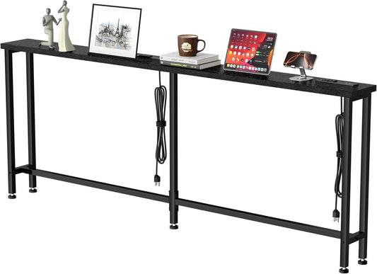 GRLEAF 63" Narrow Console Sofa Table with Built-in Power Strip (4 AC Outlets & 4 USB Ports) – 4.9ft Power Cord, Metal Frame, Easy Assembly, Ideal for Behind Couch, Hallway, and Home Office | Black