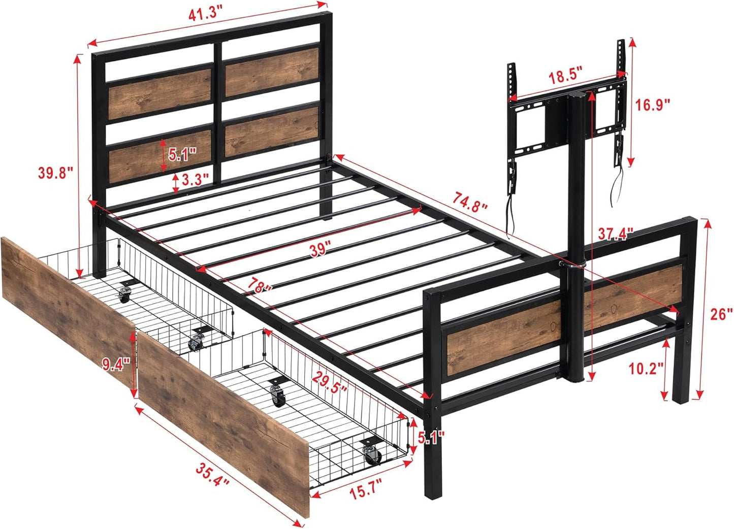 Twin Size Metal Platform Bed with MDF Headboard and Footboard,Two Storage Drawers and Rotatable TV Stand,Industrial Modern Bunk-Bed,No Box Spring Needed,for Juniors&Adults,Black